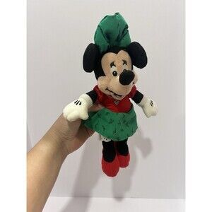 Disney Store Minnie Mouse plushie with green mickey Necklace & Holly motif dress